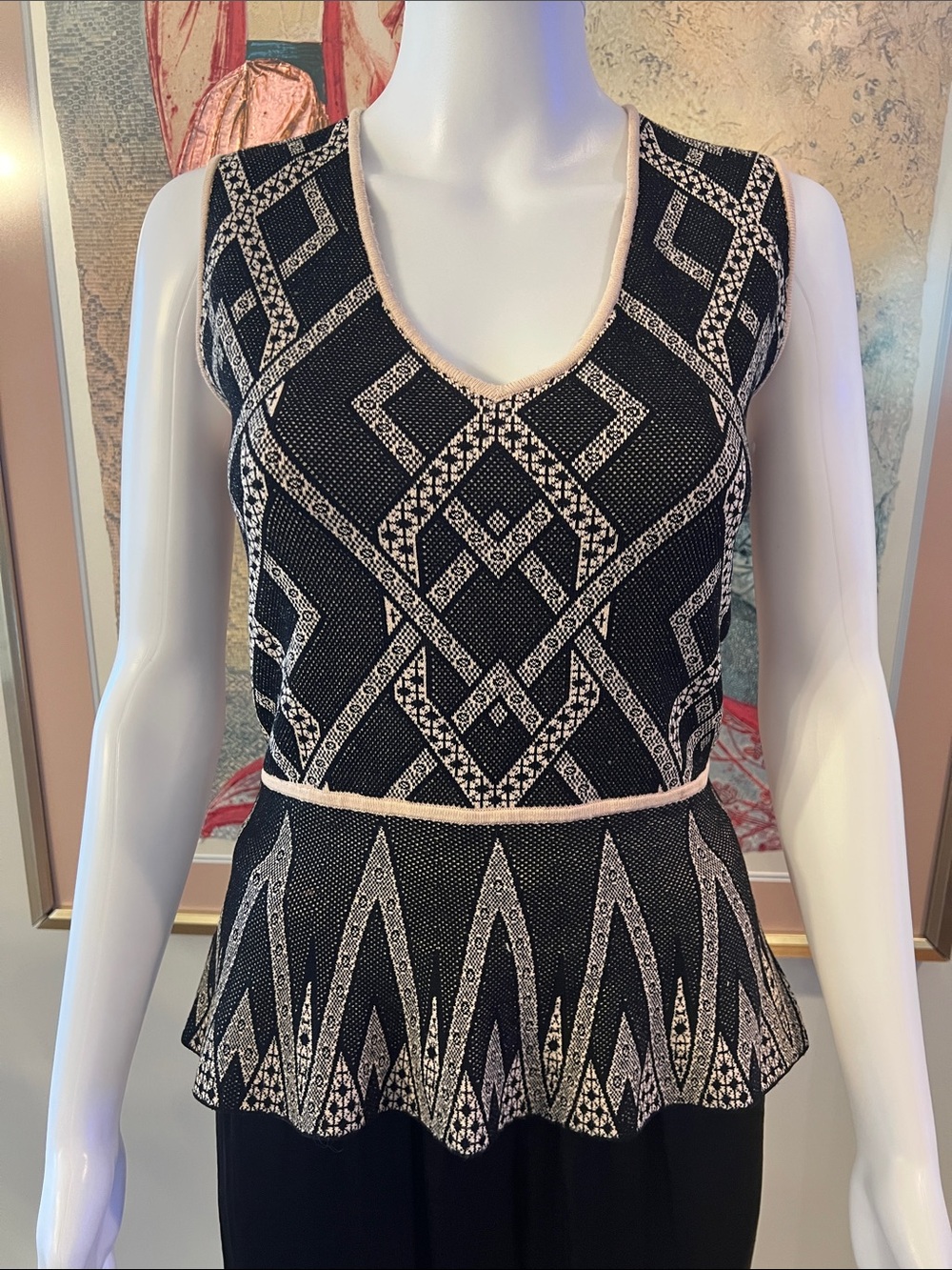 BCBGMaxAzria Black and Cream Geometric Peplum Tank